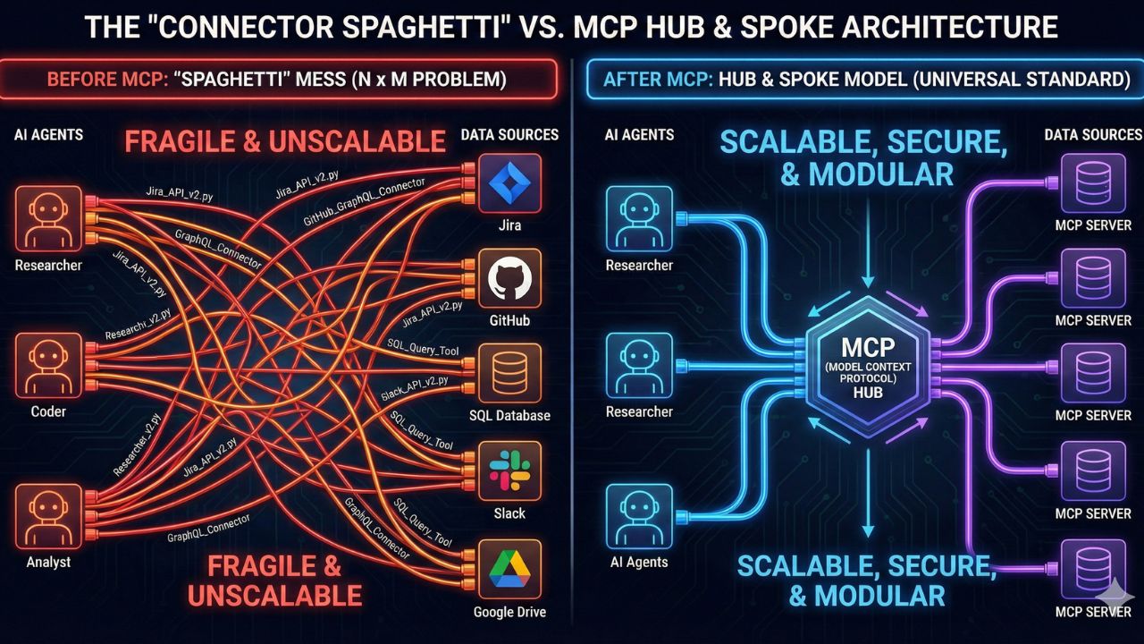 Diagram showing the 'Spaghetti' mess of custom API connectors vs the clean 'Hub and Spoke' model of MCP