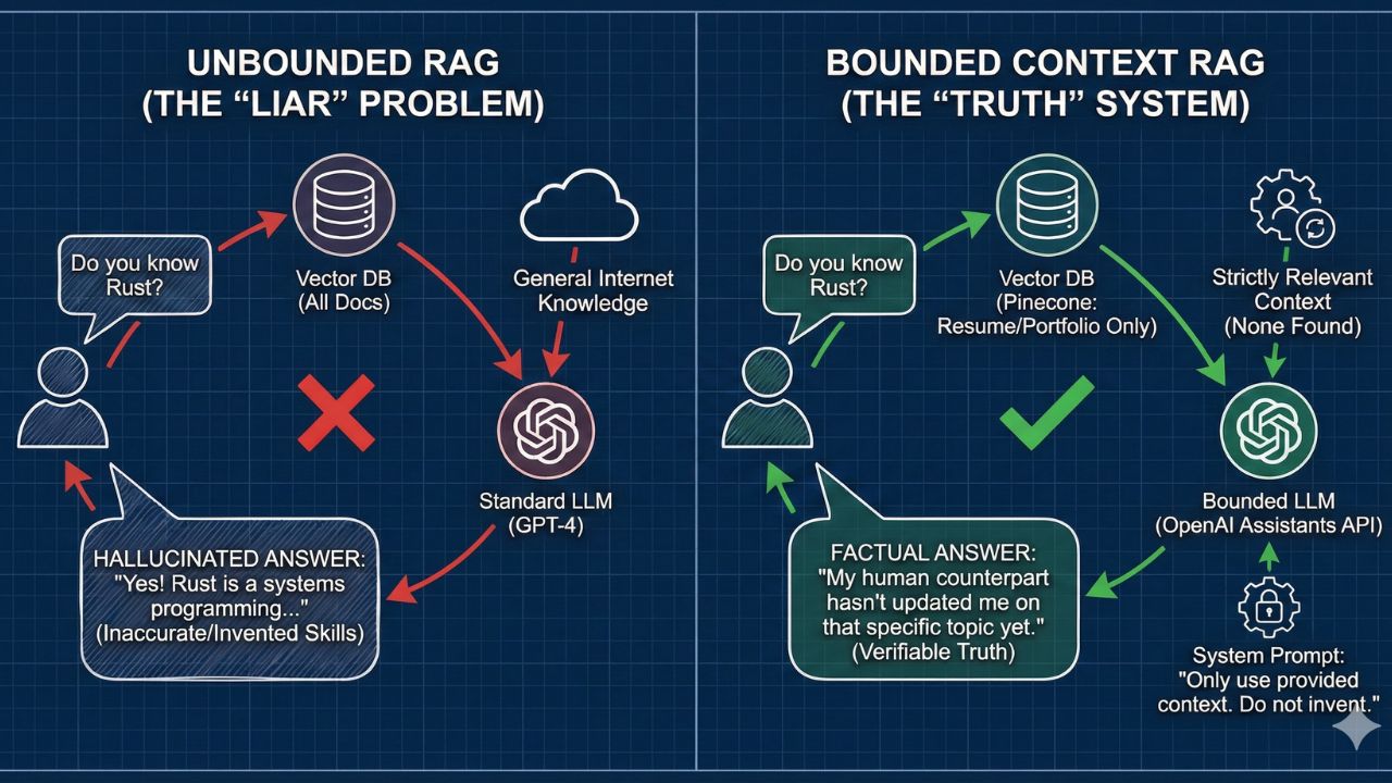 Diagram showing 'Unbounded' vs 'Bounded' RAG architecture flow
