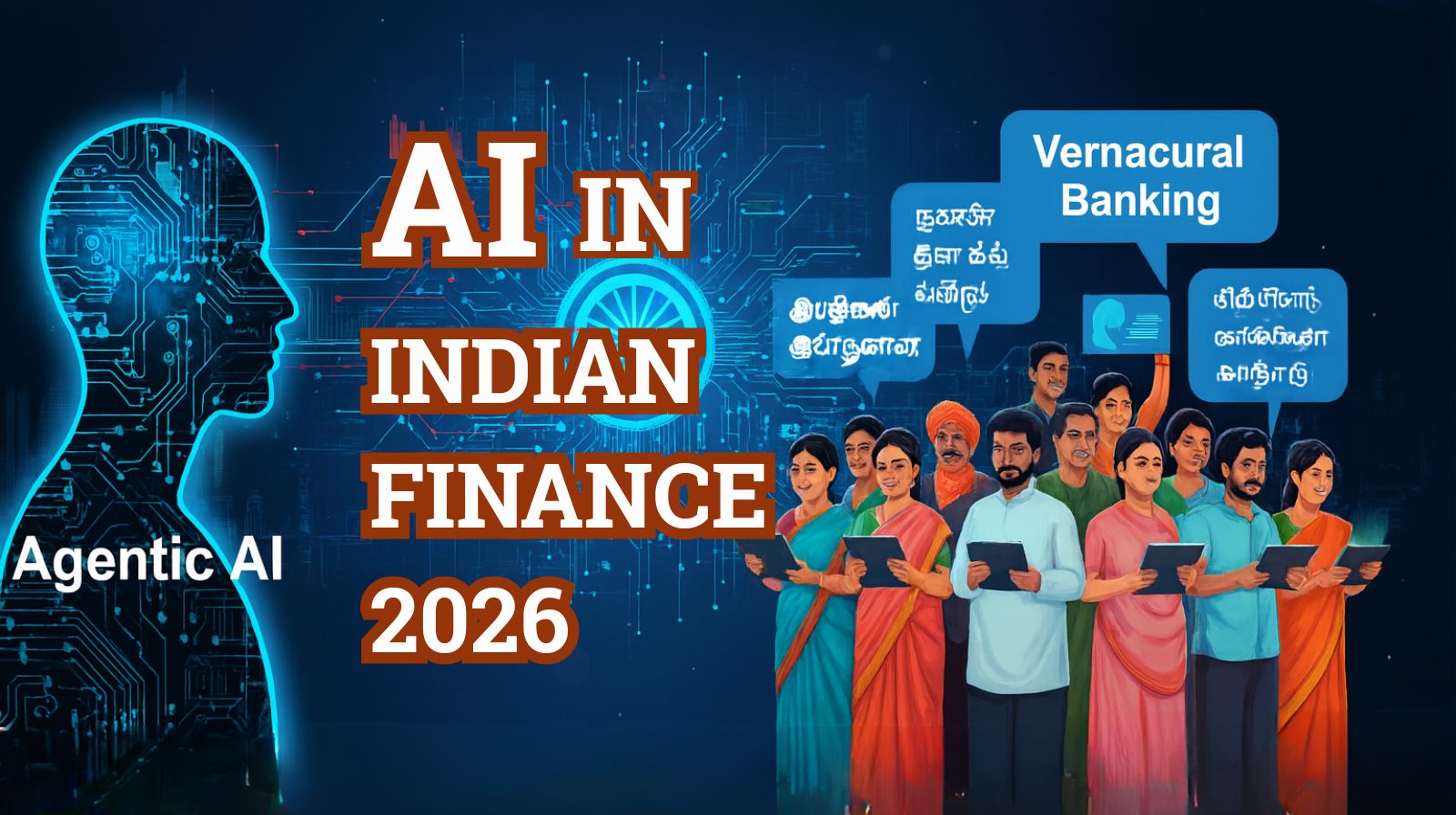 A visual representation of Indian Finance in 2026, showing AI Agents managing transactions and a diverse group of users interacting via Voice AI in regional languages