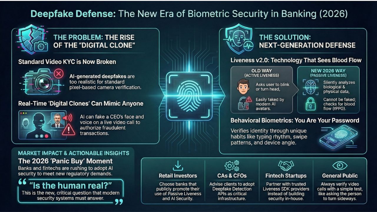Infographic: Deepfake Defense and Biometric Security in Banking 2026 - Problem, Solution, and Market Impact