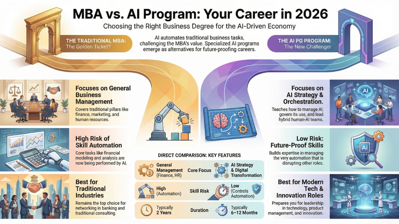 Infographic: MBA vs. AI Program - Comparing Traditional Business Degrees against AI PG Programs for 2026