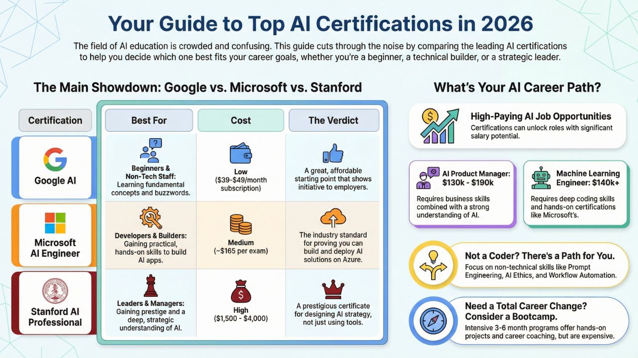 Infographic: Your Guide to Top AI Certifications in 2026 - Comparison of Google, Microsoft, and Stanford