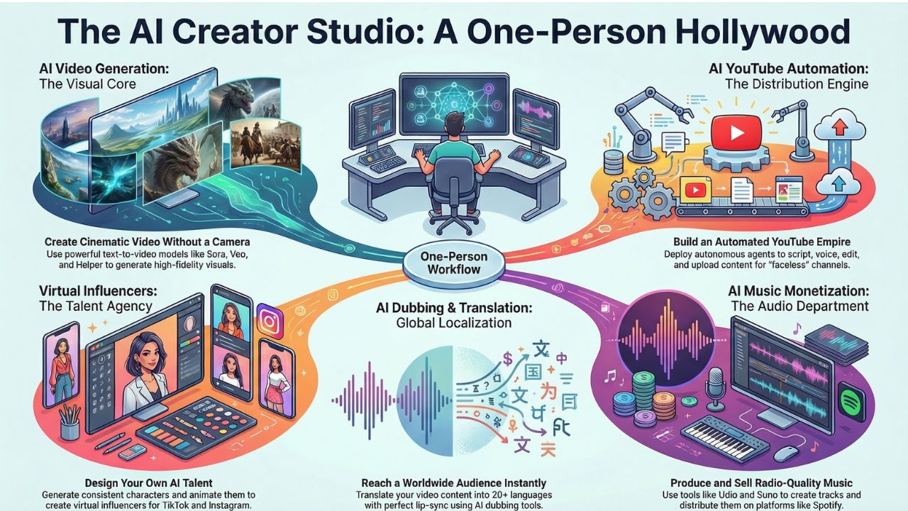 AI Creator Studio Infographic: One-Person Hollywood Workflow showing Video, YouTube Automation, Music, Virtual Influencers, and Dubbing