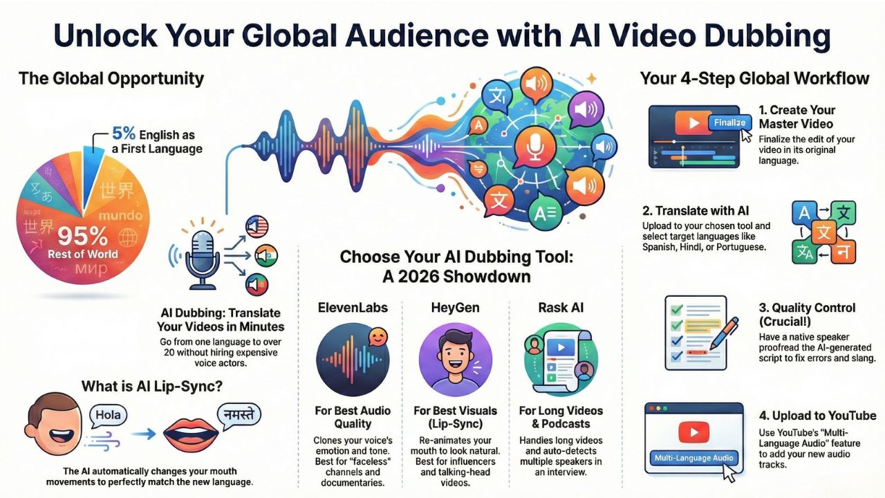 Infographic: AI Dubbing Workflow and Tool Comparison 2026 - ElevenLabs vs HeyGen vs Rask AI