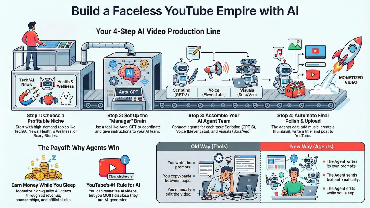 Infographic: Build a Faceless YouTube Empire with AI - 4-Step Automation Process