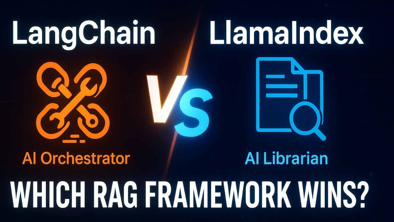 Digital illustration comparing LangChain (Orchestrator, represented by a conductor) and LlamaIndex (Librarian, represented by a book index) frameworks.