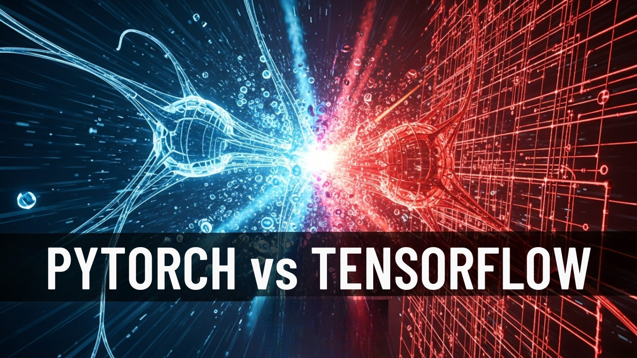 Digital illustration of PyTorch (blue) vs TensorFlow (red) neural networks in competition.