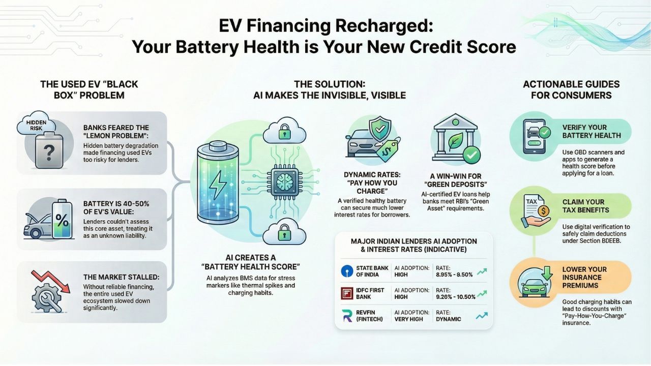 Infographic illustrating how AI-driven battery health scores are revolutionizing EV financing in India. It shows the transition from the 'Black Box' problem of used EVs to AI-based solutions offering dynamic interest rates, aiding 'Green Deposits', and providing actionable guides for consumers on verifying battery health, claiming tax benefits, and lowering insurance premiums.