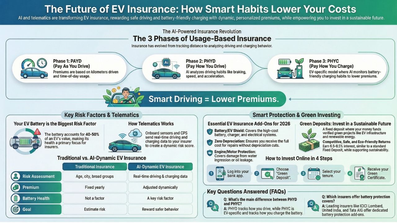 Infographic detailing The Future of EV Insurance: How AI and Telematics lower costs, showing the three phases (PAYD, PHYD, PHYC), essential add-ons, and Green Deposits.