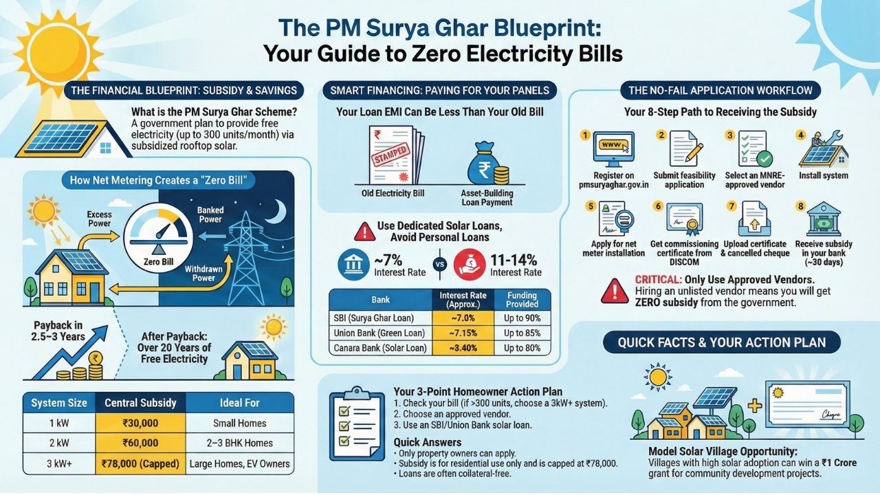 Infographic: The PM Surya Ghar Blueprint - Zero Electricity Bills, Solar Loans, and Subsidy Guide