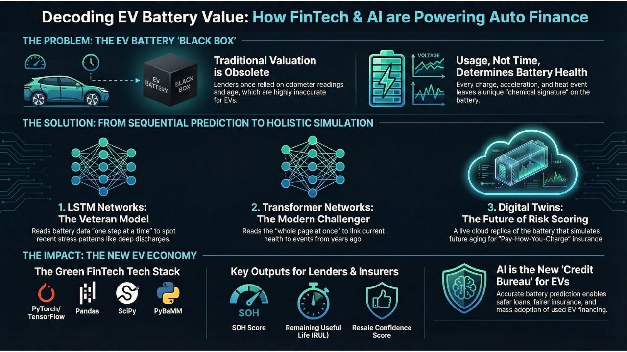 Infographic: Decoding EV Battery Value - Comparing LSTM vs Transformer Networks and Digital Twins for Battery Health Prediction in Fintech