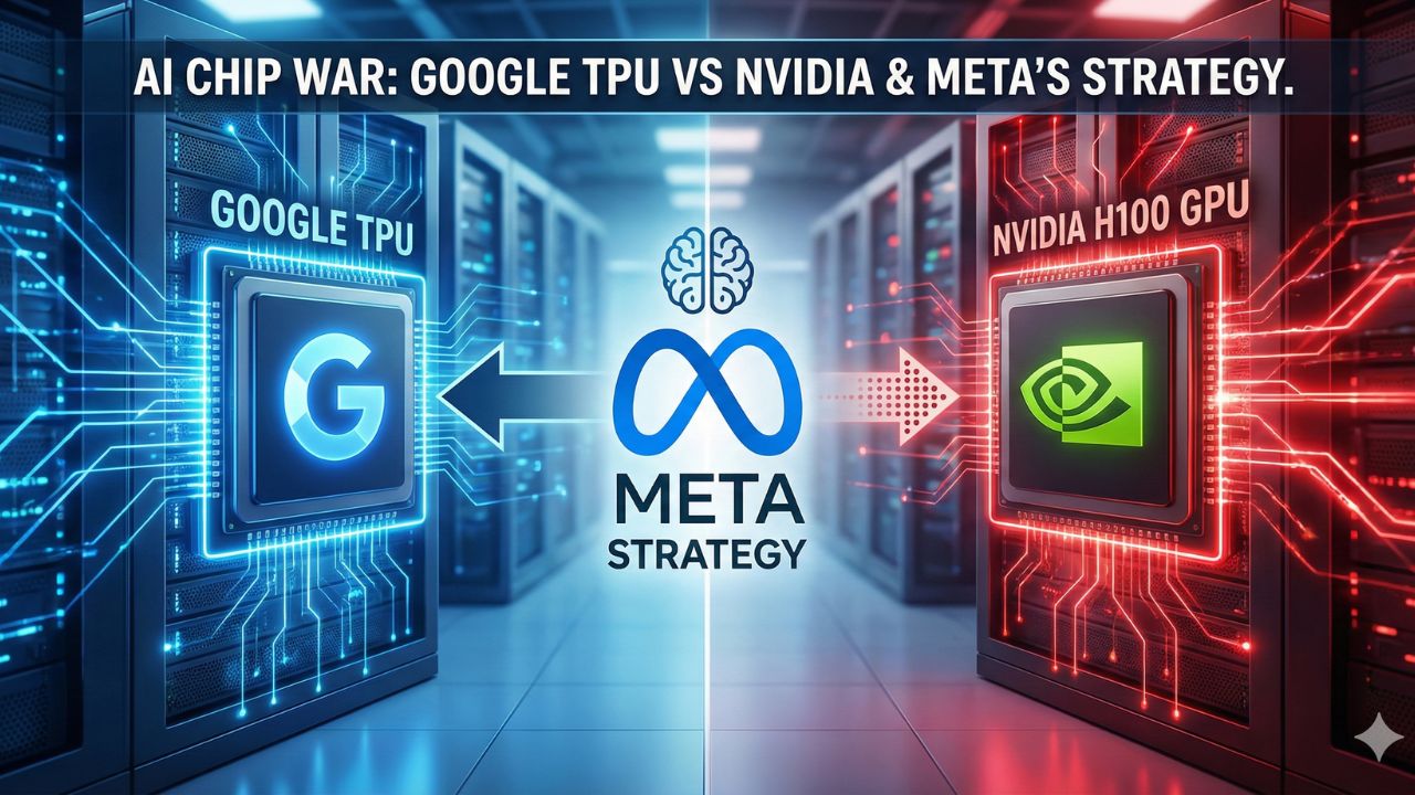 A depiction of the AI chip war showing a glowing blue Google TPU chip facing off against a glowing red Nvidia GPU chip in a data center