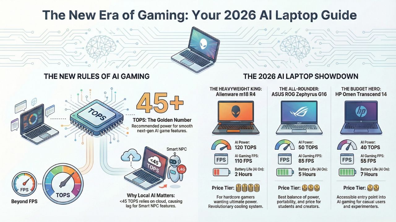 Infographic comparison of 2026 AI Gaming Laptops: Alienware vs ASUS vs HP showing TOPS and FPS performance
