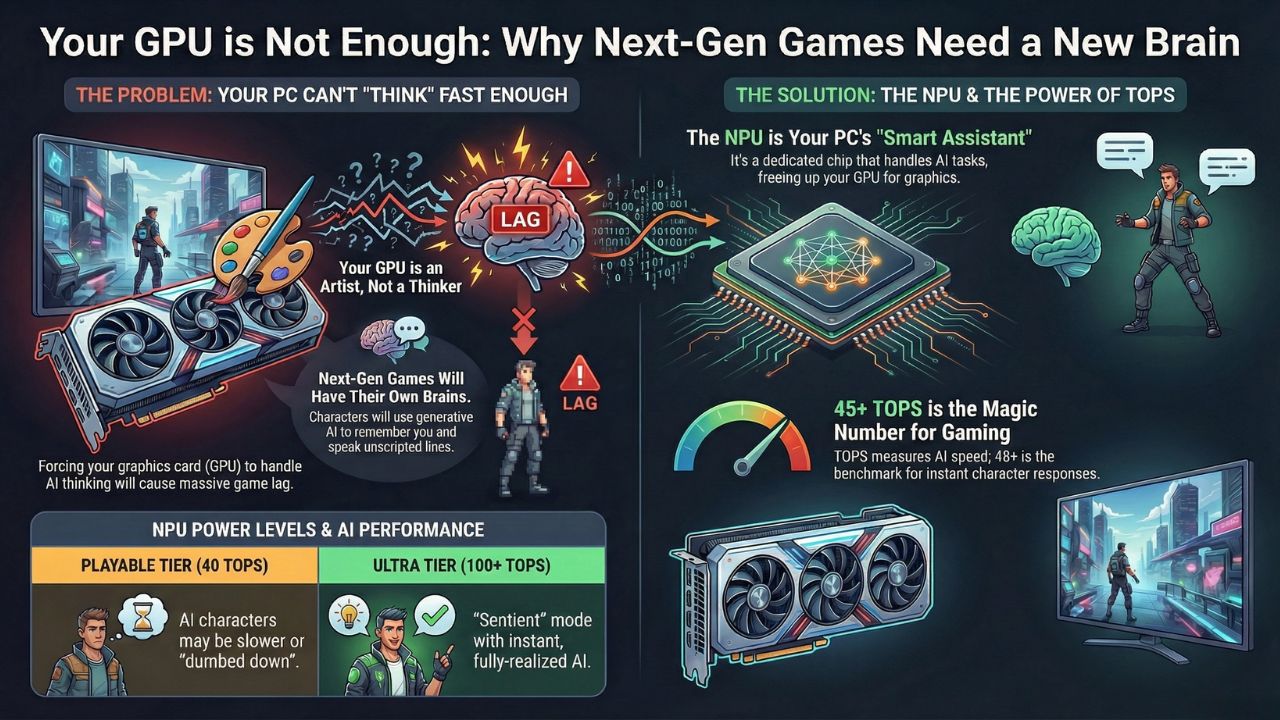 Infographic diagram illustrating the relationship between CPU, GPU, and NPU in processing local AI for gaming