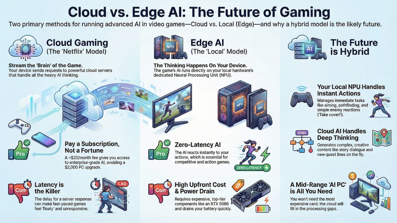 Infographic comparison of Cloud Gaming vs Edge AI: The Future of Gaming and Hybrid Models