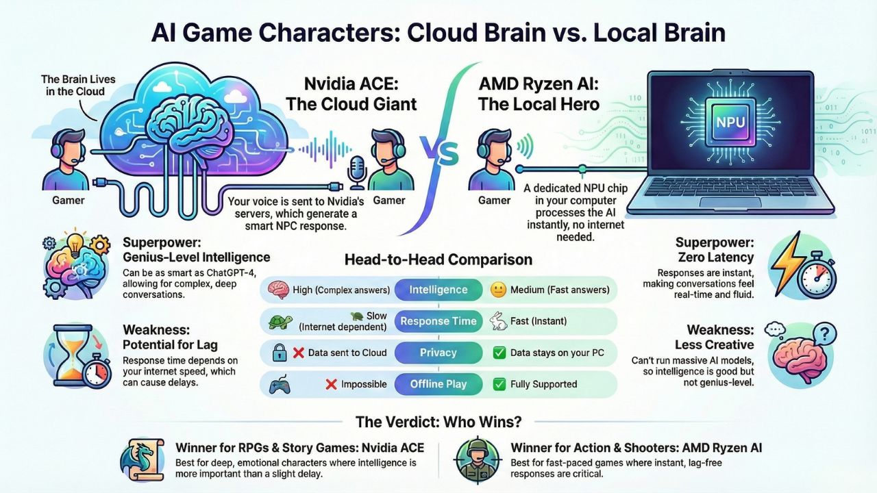 Infographic comparing Nvidia ACE Cloud Brain vs AMD Ryzen AI Local Brain for Gaming NPCs