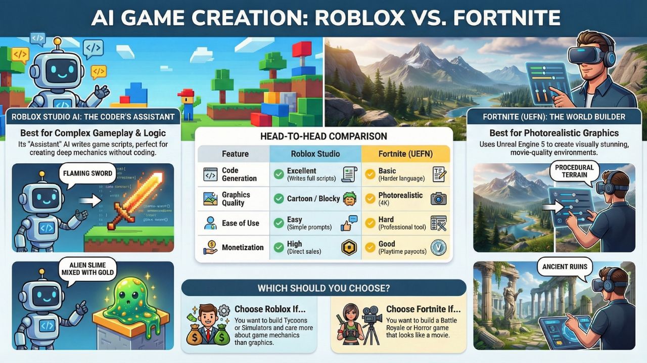 Infographic: AI Game Creation - Roblox Studio AI vs. Fortnite UEFN Features Comparison