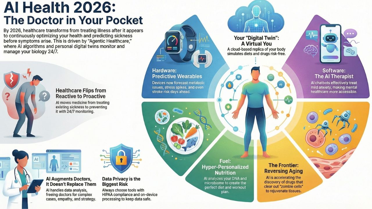 AI Health 2026 Infographic: The Doctor in Your Pocket, Digital Twins, and Predictive Wearables