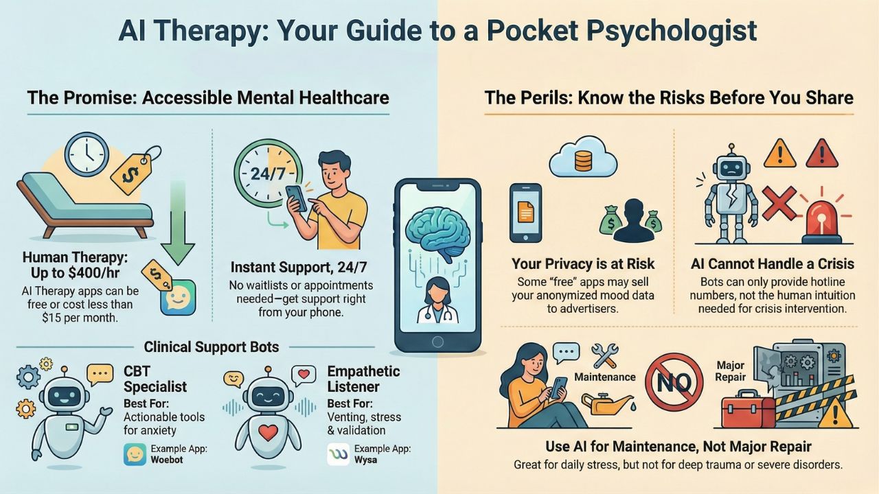 AI Therapy Infographic: The Promise of Accessible Care vs. The Perils of Privacy Risks