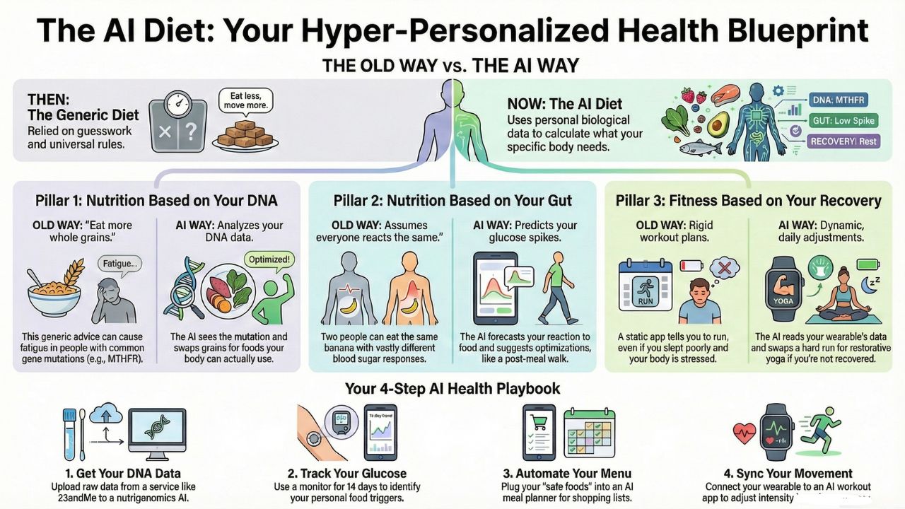 The AI Diet Infographic: Hyper-Personalized Health Blueprint comparing traditional dieting vs AI-driven nutrition based on DNA, Gut, and Recovery