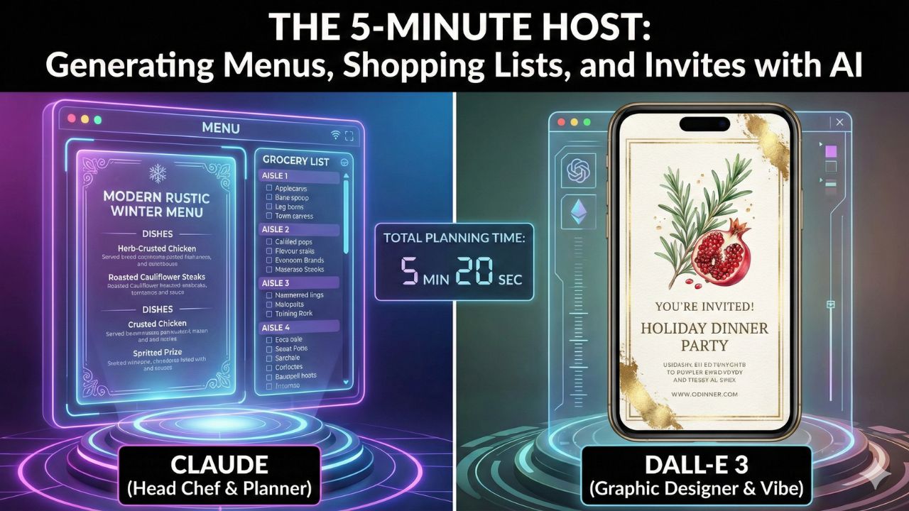 A stressed person surrounded by holiday lists versus a calm person using an AI interface for menus and invites.