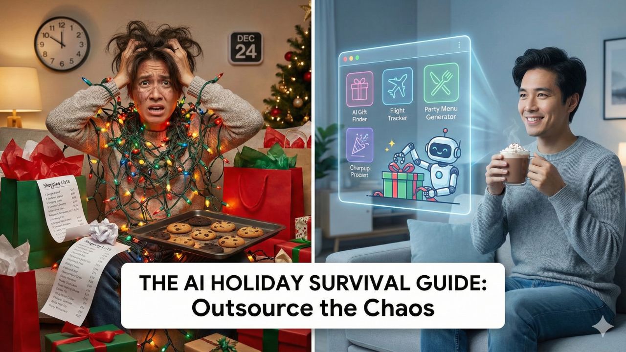 A stressed person surrounded by holiday lists versus a calm person using an AI interface for gifts, flights, and party planning.
