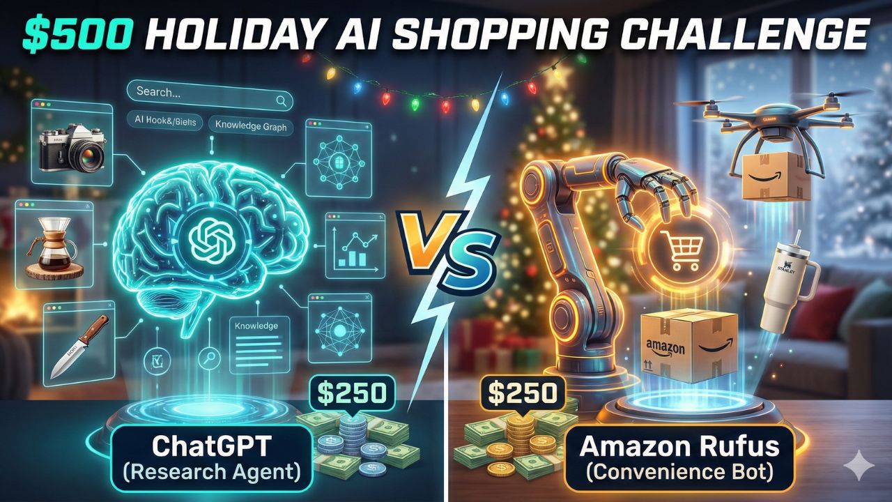 A split-screen comparison showing a sleek research AI interface versus an Amazon delivery robot surrounded by packages.