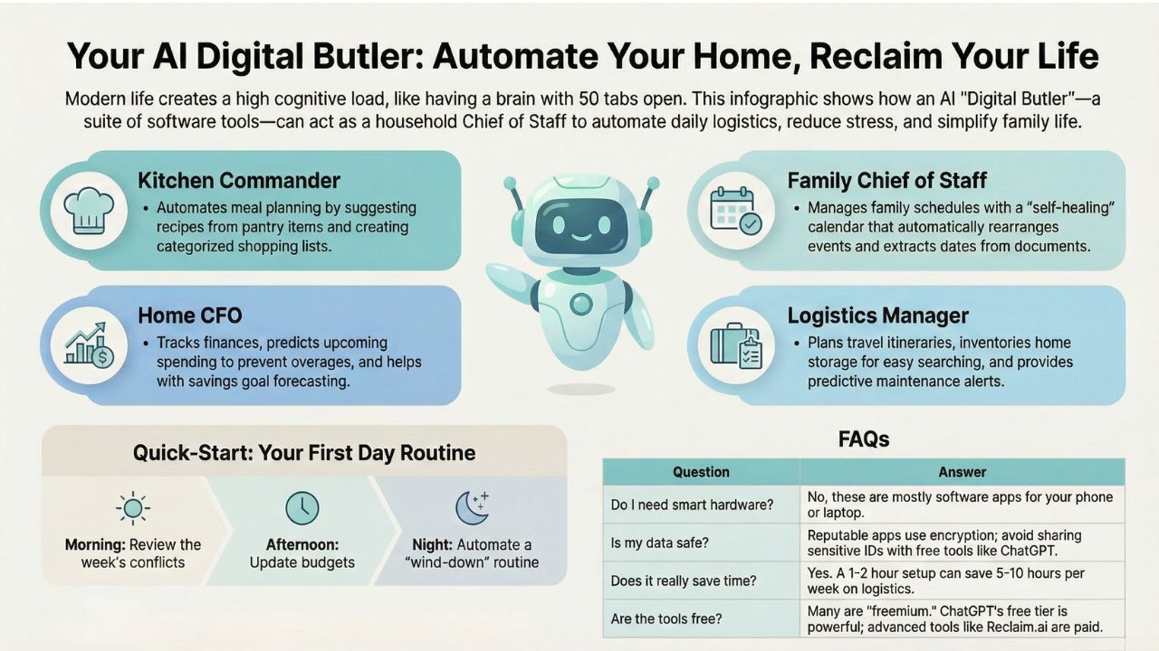 Infographic: Your AI Digital Butler - Automate Your Home, Reclaim Your Life with AI Tools for Kitchen, Schedule, Finance, and Logistics