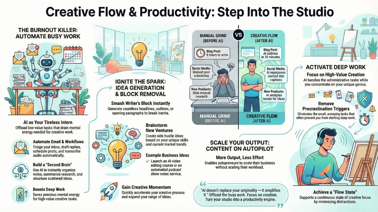 Infographic illustrating the transition from Manual Grind to Creative Flow using AI, detailing how AI automates busy work, generates ideas, and scales content creation for creators and solopreneurs.