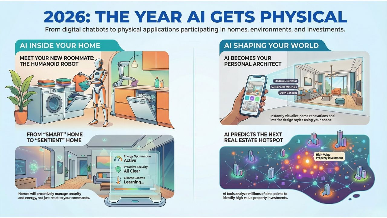 2026 The Year AI Gets Physical Infographic: AI inside your home with robots and sentient tech, and AI shaping your world with architecture and real estate predictions