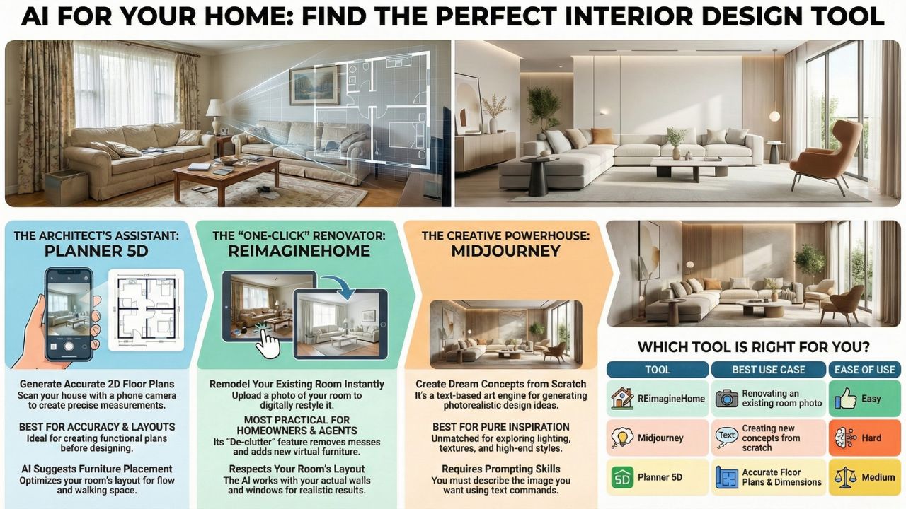 Infographic: AI FOR YOUR HOME - Find the perfect interior design tool. A comparison of Planner 5D, REimagineHome, and Midjourney.