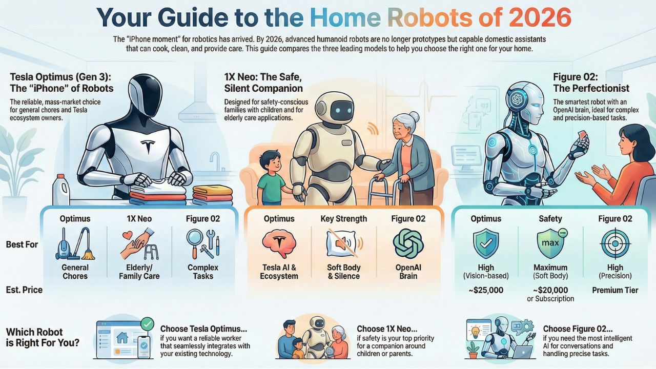 Infographic Guide to Home Robots 2026: Tesla Optimus vs 1X Neo vs Figure 02 features and pricing comparison