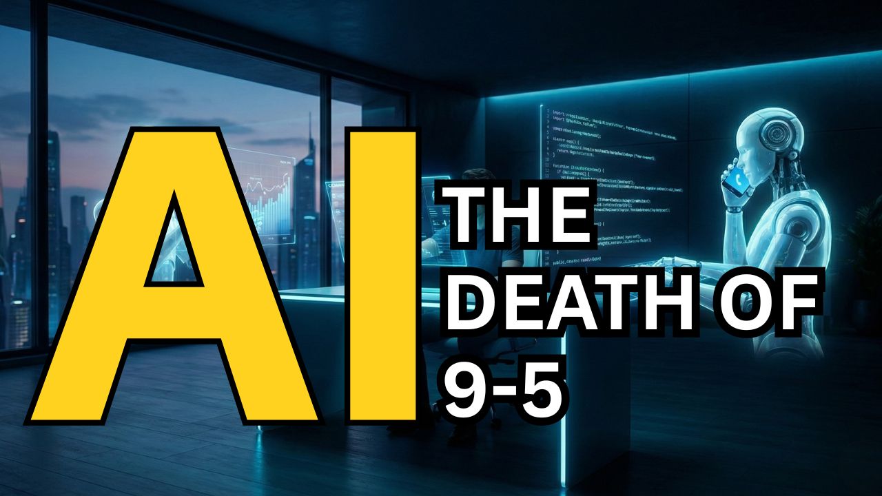 Visualization of a solopreneur managing an AI digital workforce vs traditional 9-5 office