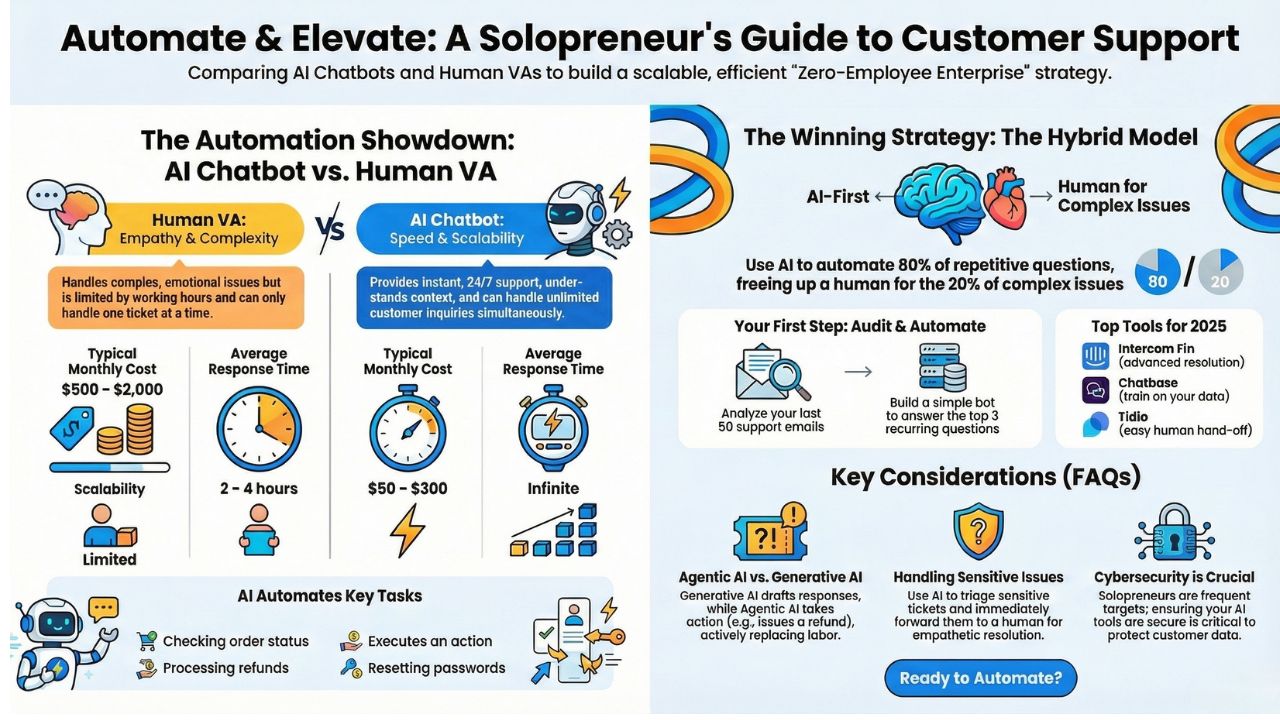 Infographic: AI Chatbots vs Human Virtual Assistants - Cost, Speed, and Scalability Comparison