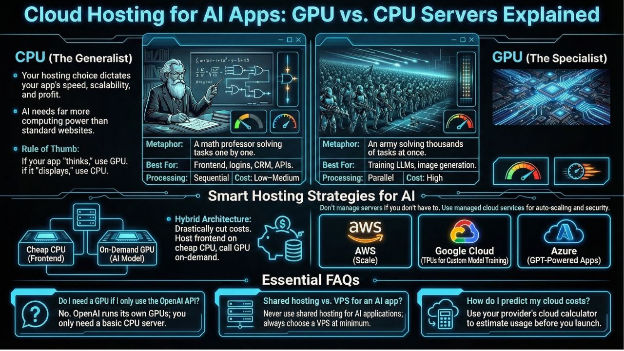Infographic comparing GPU vs CPU servers, cloud providers, and hosting strategies for AI applications