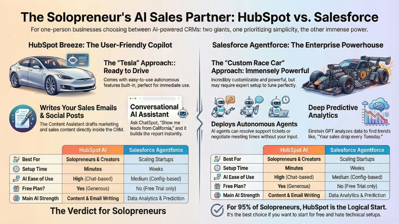 Infographic comparing HubSpot Breeze vs. Salesforce Agentforce AI for solopreneurs