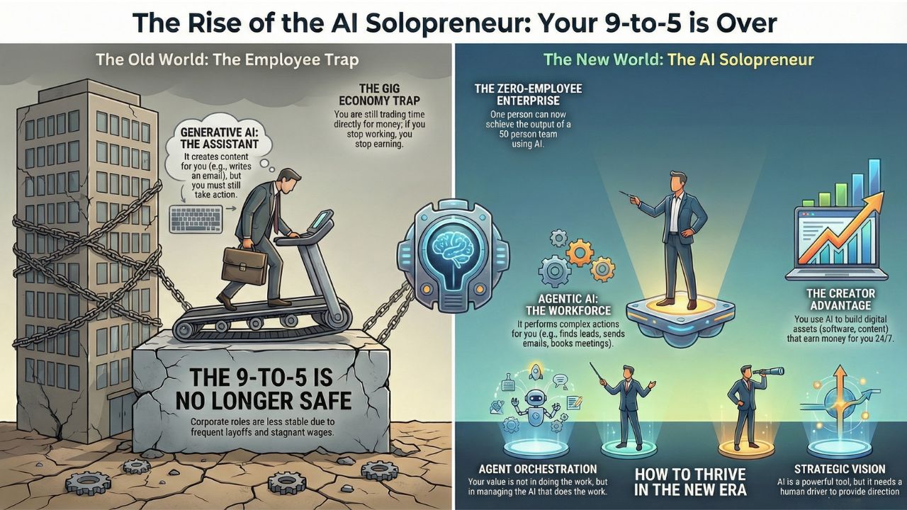 Infographic comparing the Old World Employee Trap vs The New World AI Solopreneur