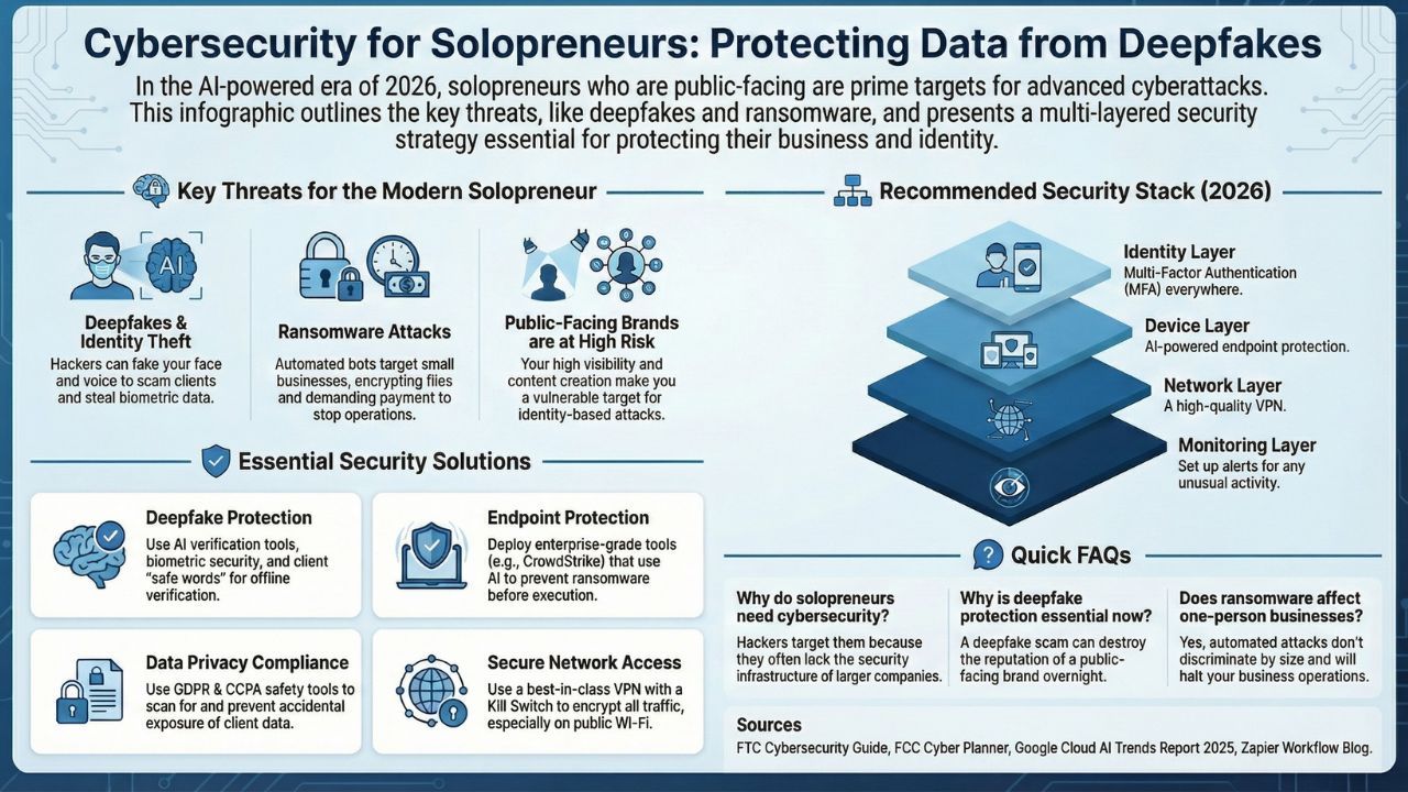 Infographic summarizing cybersecurity threats for solopreneurs (deepfakes, ransomware) and the recommended 2026 security stack.