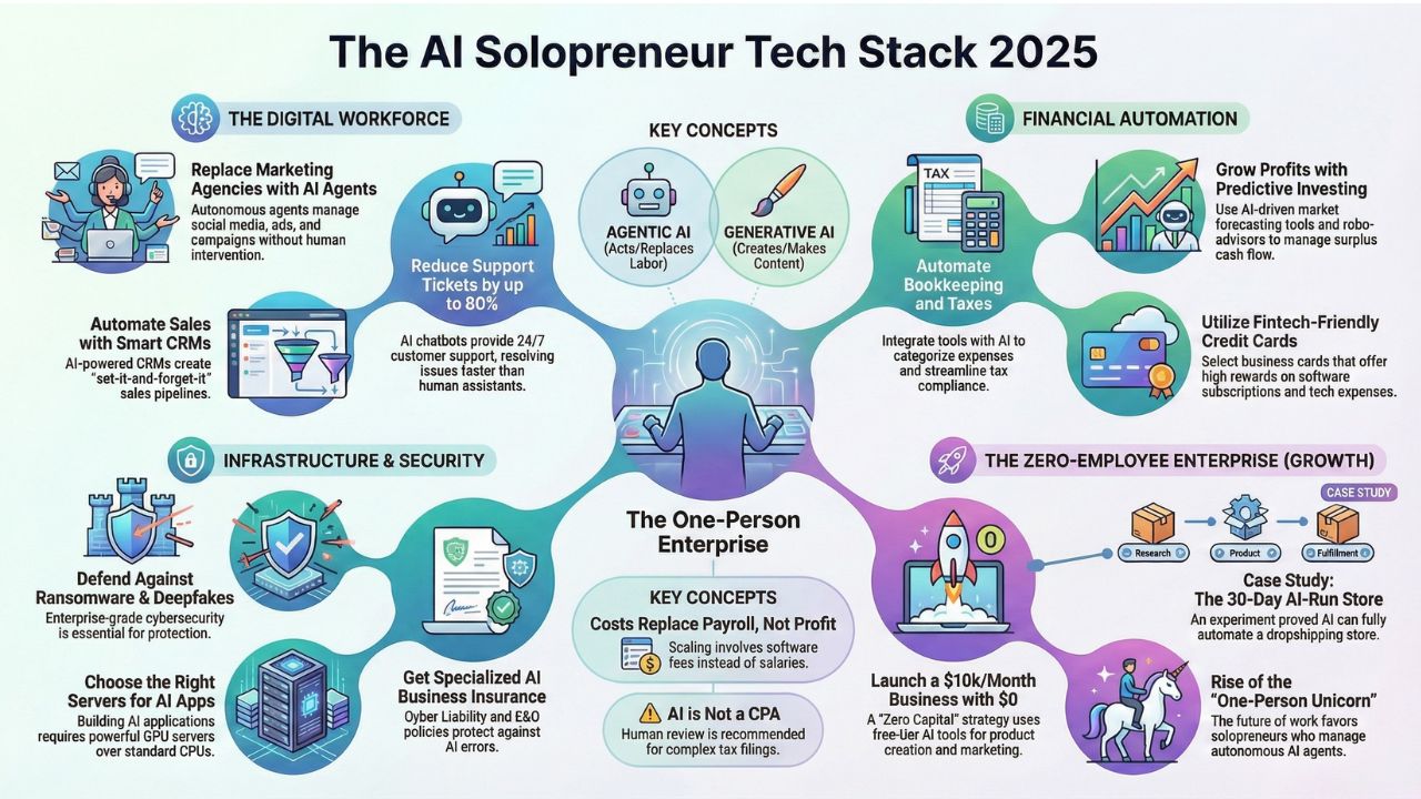 The AI Solopreneur Tech Stack 2026 Infographic showing Digital Workforce, Financial Automation, Infrastructure, and Zero-Employee Enterprise