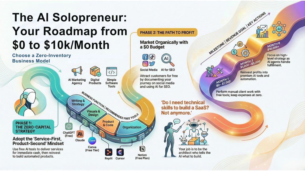 Infographic: The AI Solopreneur Roadmap from $0 to $10k/Month - A visual guide to zero-inventory business models and the path to profit.