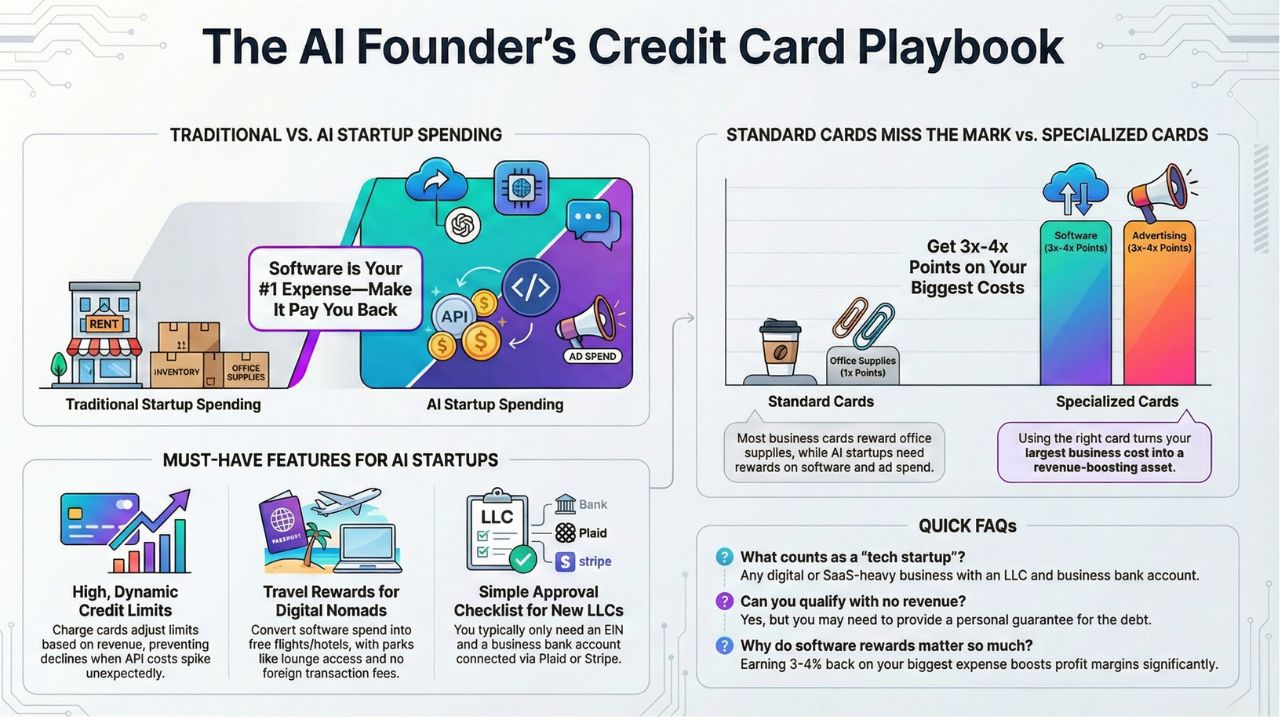 Infographic: The AI Founder's Credit Card Playbook comparing traditional vs AI startup spending