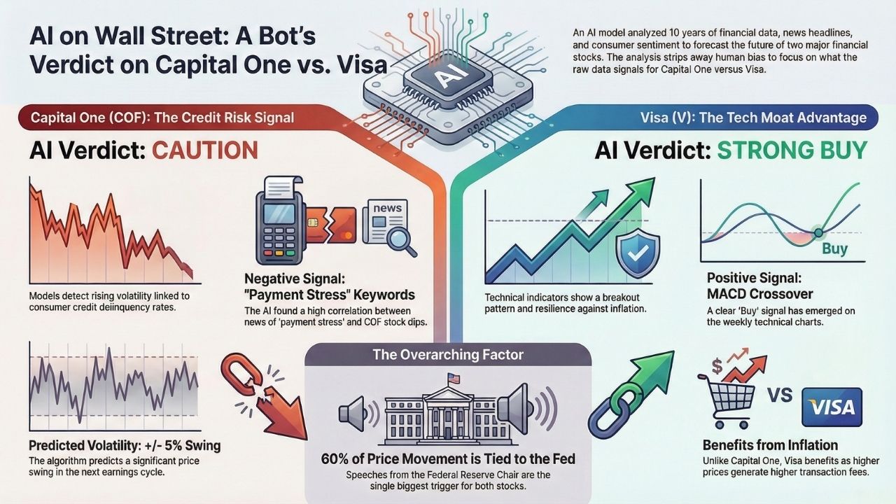 Infographic detailing the AI comparative analysis between Capital One and Visa stocks, showing risk versus technical indicators.