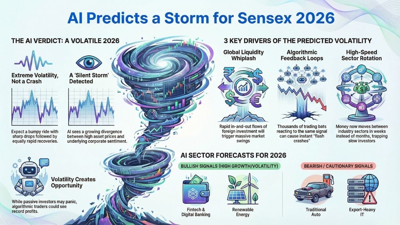 Infographic showing AI predictions for Sensex 2026 volatility, including algorithmic feedback loops and sector forecasts