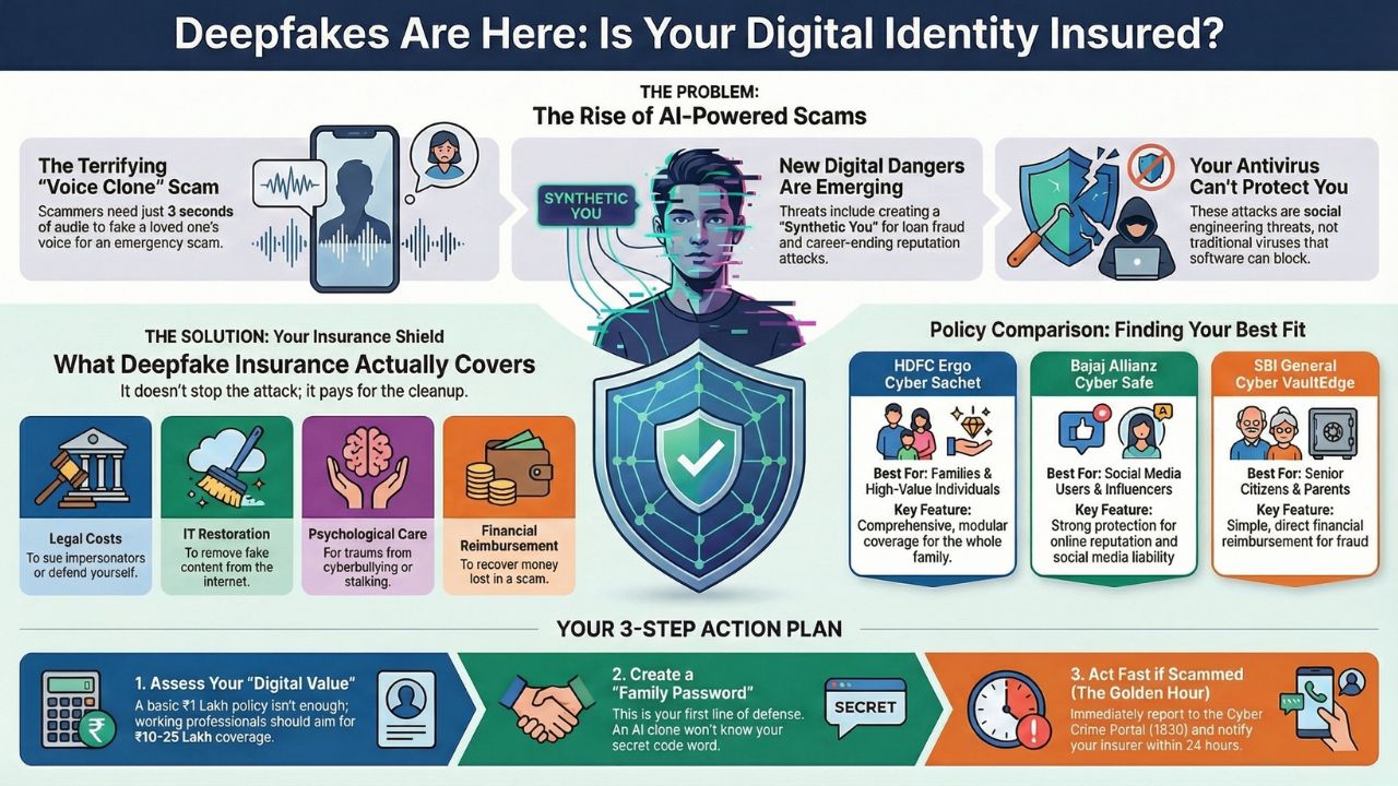 Infographic: Deepfakes Are Here - Is Your Digital Identity Insured? A visual guide to AI scams and cyber covers.