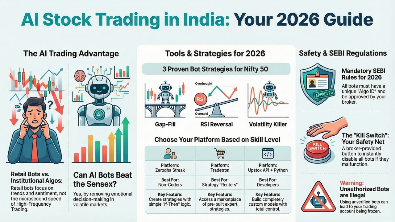 Infographic: AI Stock Trading in India 2026 Guide. Comparison of Retail Bots vs Institutional Algos, 3 Proven Nifty 50 Strategies (Gap-Fill, RSI Reversal, Volatility Killer), Platform choices (Zerodha Streak vs Tradetron), and SEBI Safety Rules like the Kill Switch.