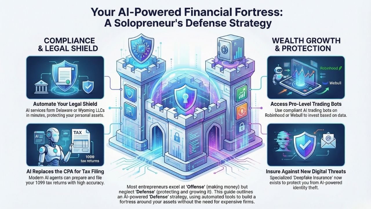 Infographic: AI-Powered Financial Fortress - A Solopreneur's Defense Strategy covering Compliance, Legal Shield, Wealth Growth, and Protection