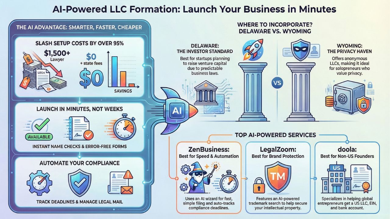 Infographic: AI-Powered LLC Formation Guide. Comparison of cost savings (95% less than lawyers), speed (minutes vs weeks), and automation features. Highlights differences between Delaware (Investor Standard) and Wyoming (Privacy Haven) LLCs. Reviews top AI services: ZenBusiness (Speed), LegalZoom (Brand Protection), and doola (Non-US Founders).