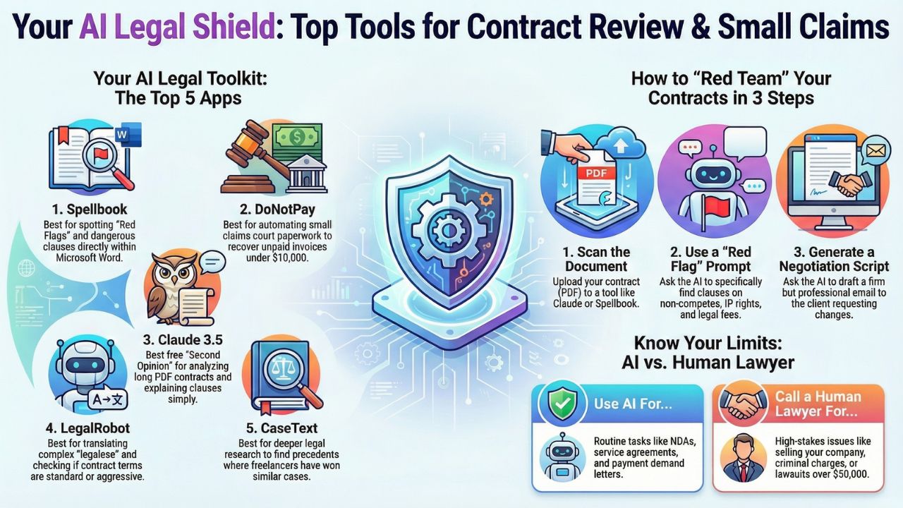 Infographic: Your AI Legal Shield - Top Tools for Contract Review & Small Claims (Spellbook, DoNotPay, Claude)