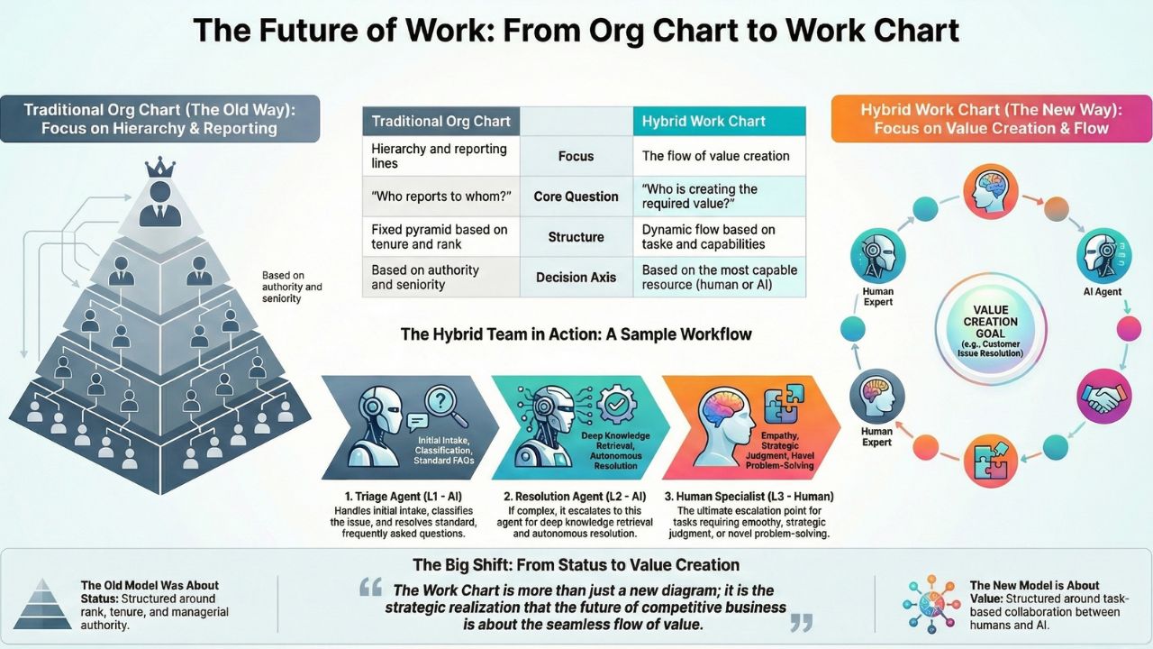An infographic depiction of a Work Chart showing dynamic value flow between human and AI Agent teams instead of a traditional hierarchical Org Chart
