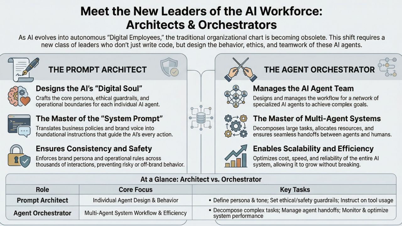A infographic representing the Prompt Architect and Agent Orchestrator roles, showing a blueprint and a conductor's baton overseeing AI systems